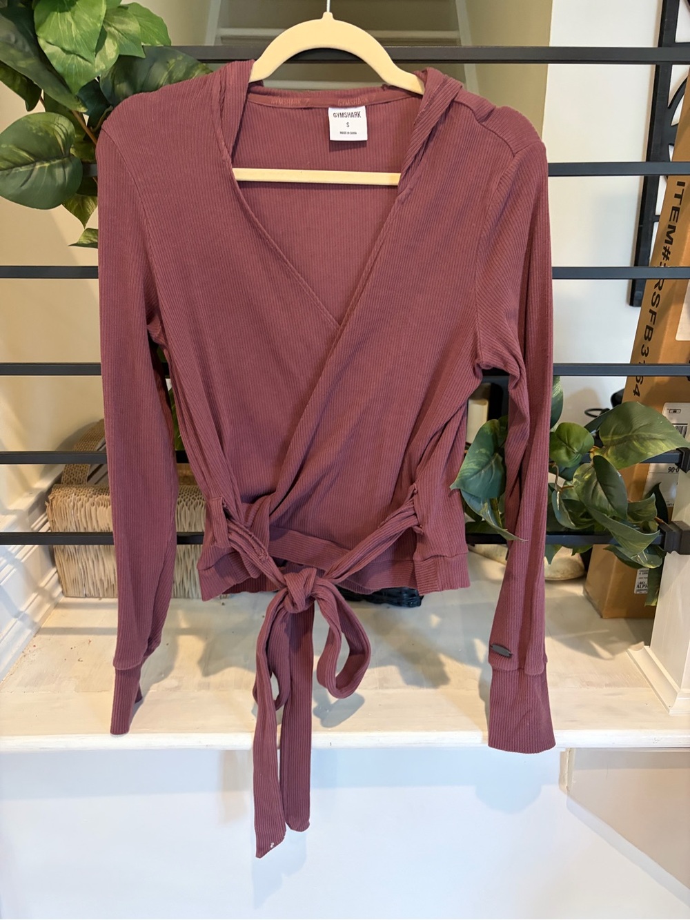 Gymshark Ribbed Wrap Tie Hoodie Top Mauve Purple Size Small